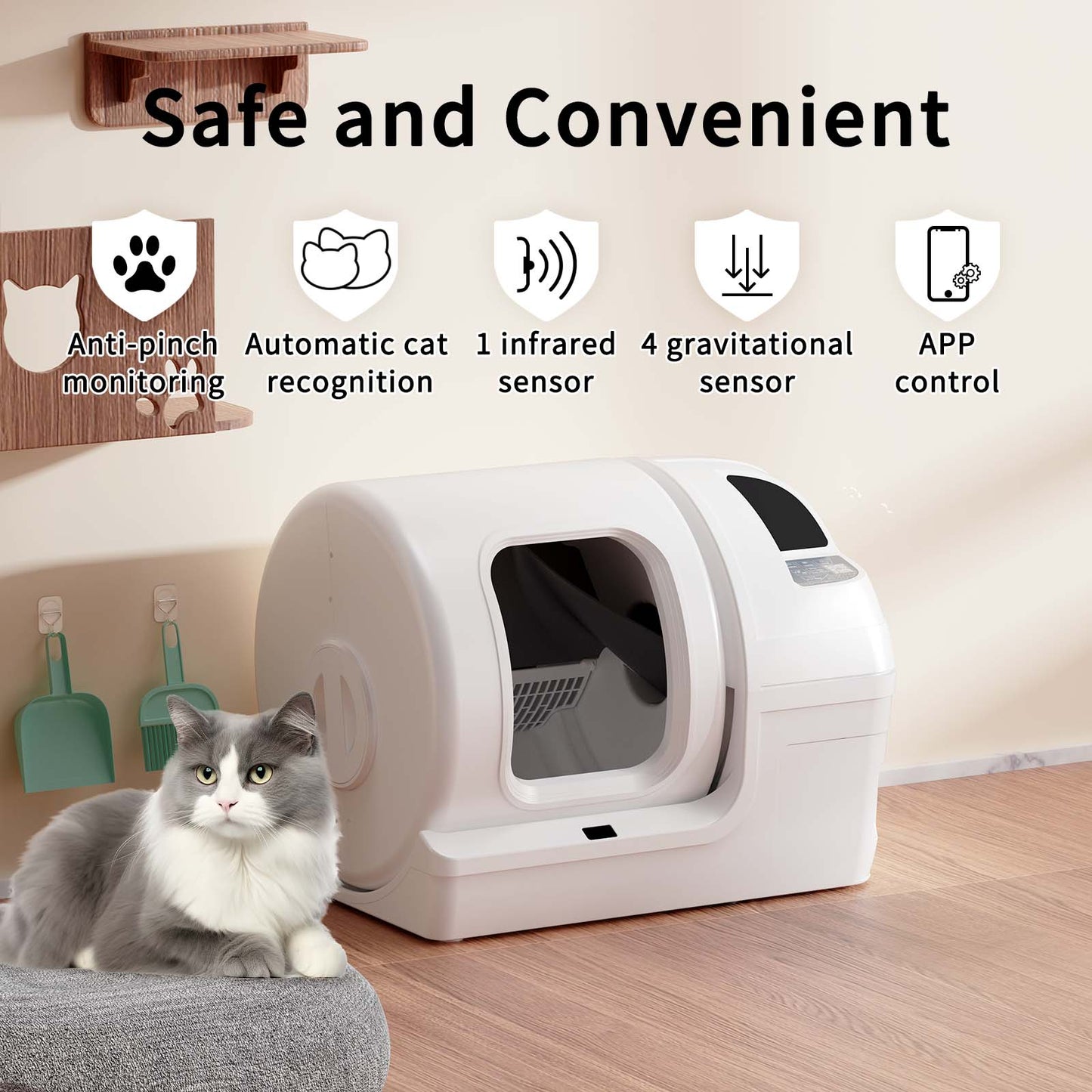 100L Extra Large Self Cleaning Litter Box - APP Control Auto Deodorising Smart Safe & Secure Automatic Cat Litter Box, White