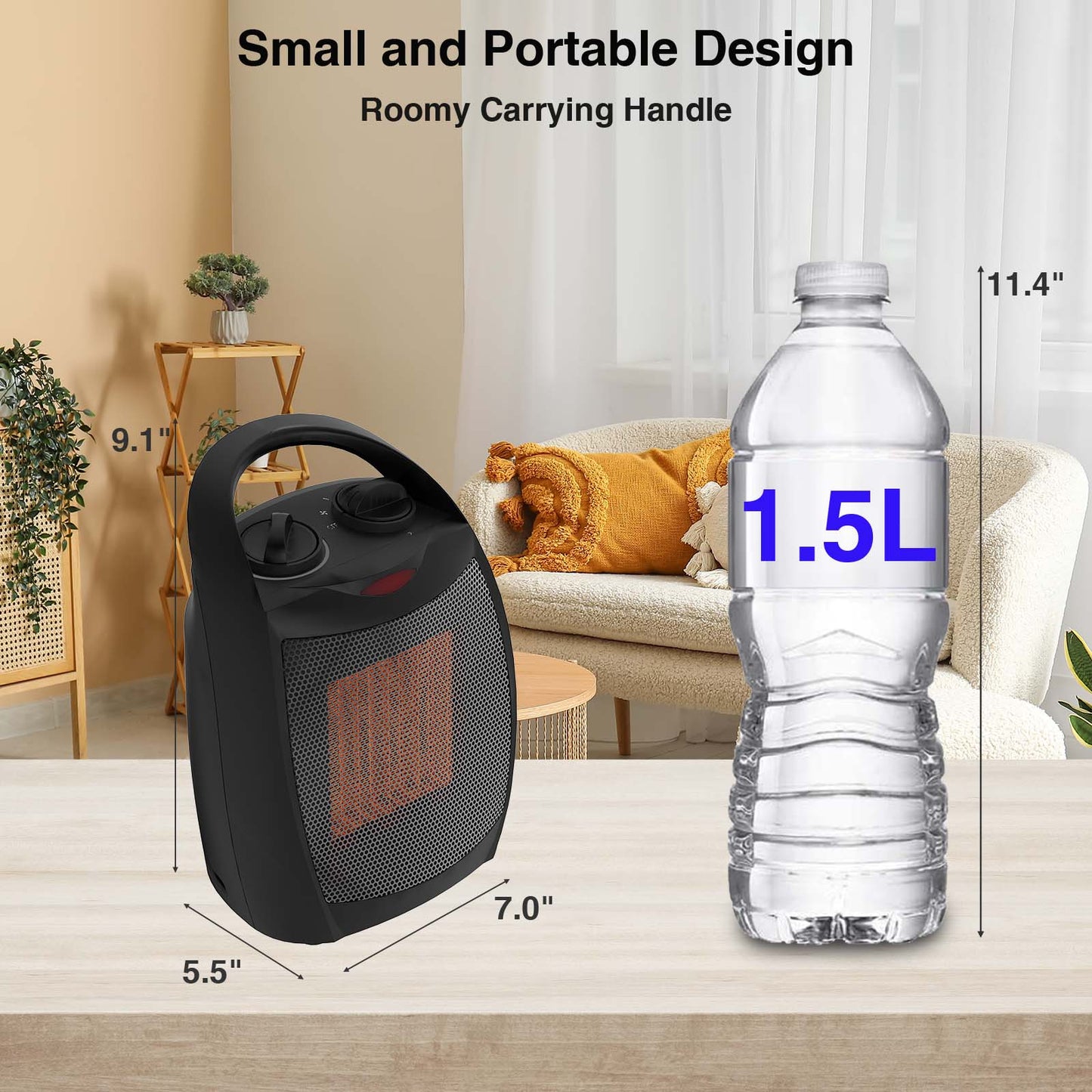 Small Portable Space Heater for Indoor Use - 1500W/750W Safe and Quiet Ceramic electric Heater Fan with Thermostat, Heat Up 200 Square Feet for Room, Office, Black