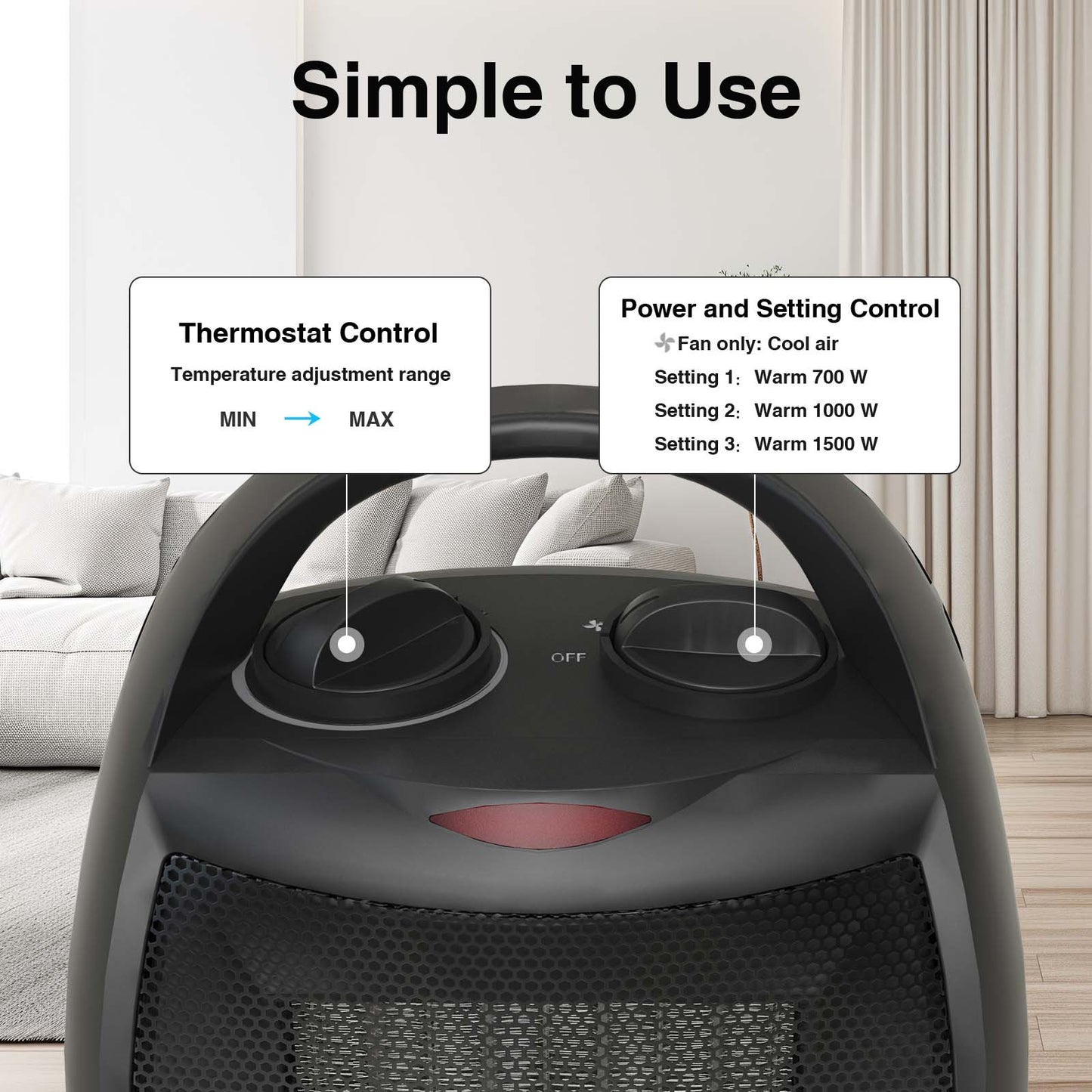 Small Portable Space Heater for Indoor Use - 1500W/750W Safe and Quiet Ceramic electric Heater Fan with Thermostat, Heat Up 200 Square Feet for Room, Office, Black