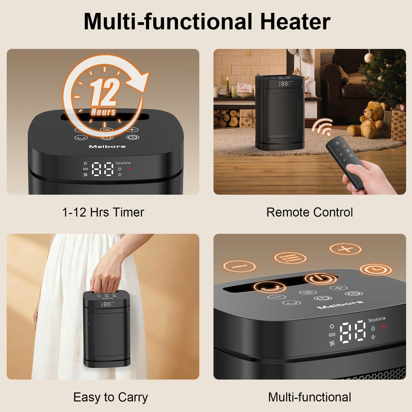 Compact Indoor Space Heater - 3 Heat Settings/ECO Temperature Control, Remote Control with Wide-Angle Oscillation, LED Display, Electric Heater for Home and Office