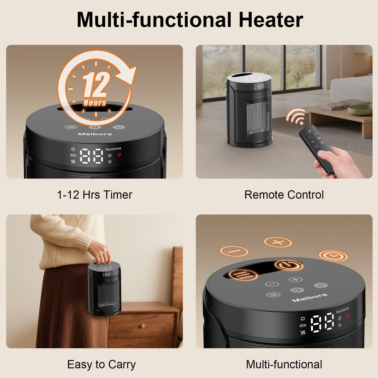 Portable 1500W Ceramic Heater - LED Screen, ECO Mode, Timer & Remote, Suitable for Office and Home, ETL