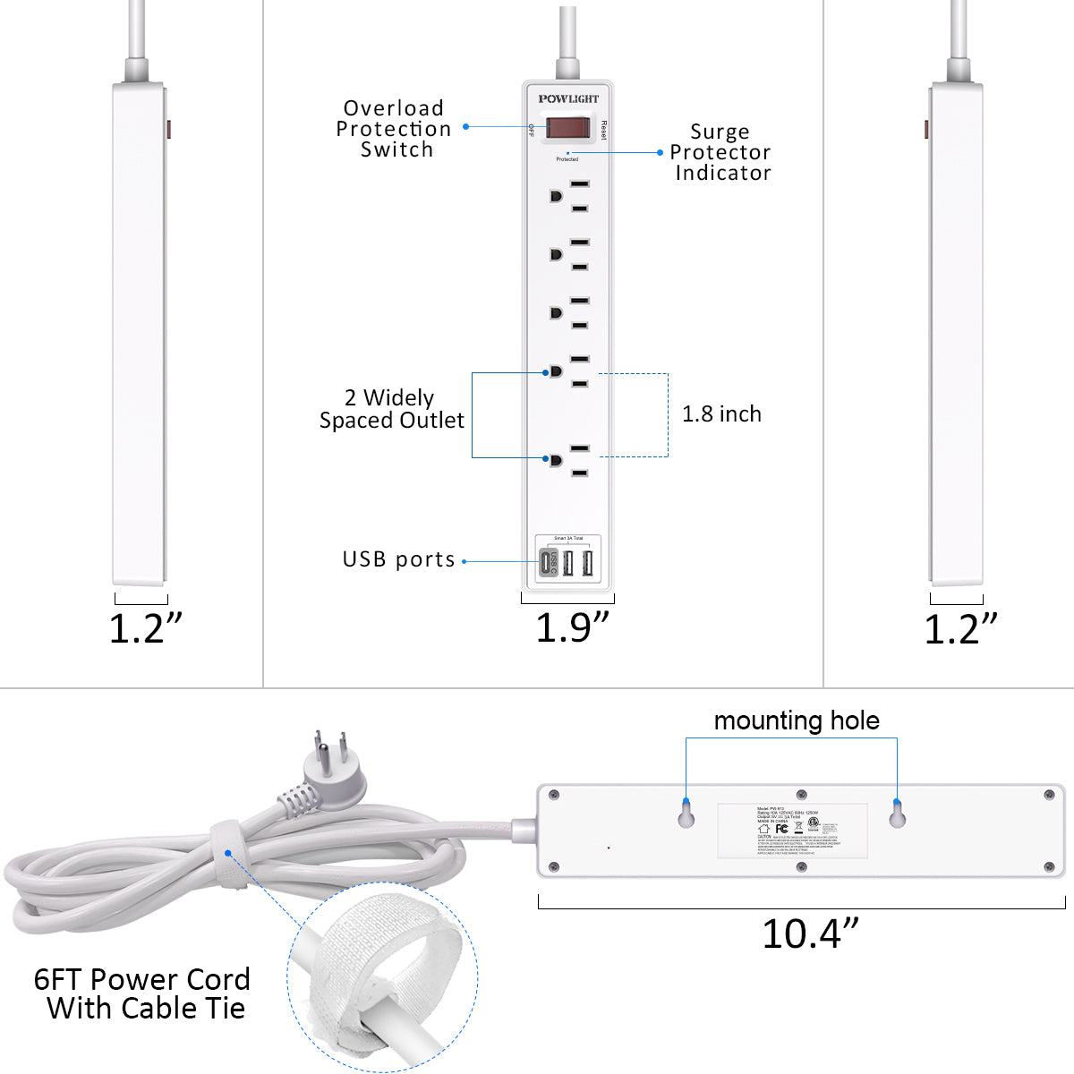 8-in-1 Power Strip with USB C Fast Charging, 5 Widely Spaced Outlets, 6FT Heavy-Duty Cord (1680J), Surge Protector for Home Office, ETL Certified