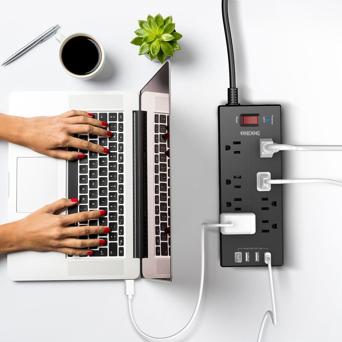 Surge Protector - 8 AC Outlets and 4 USB Ports (1 USB-C), 6 FT Extension Cord Power Strip, Black