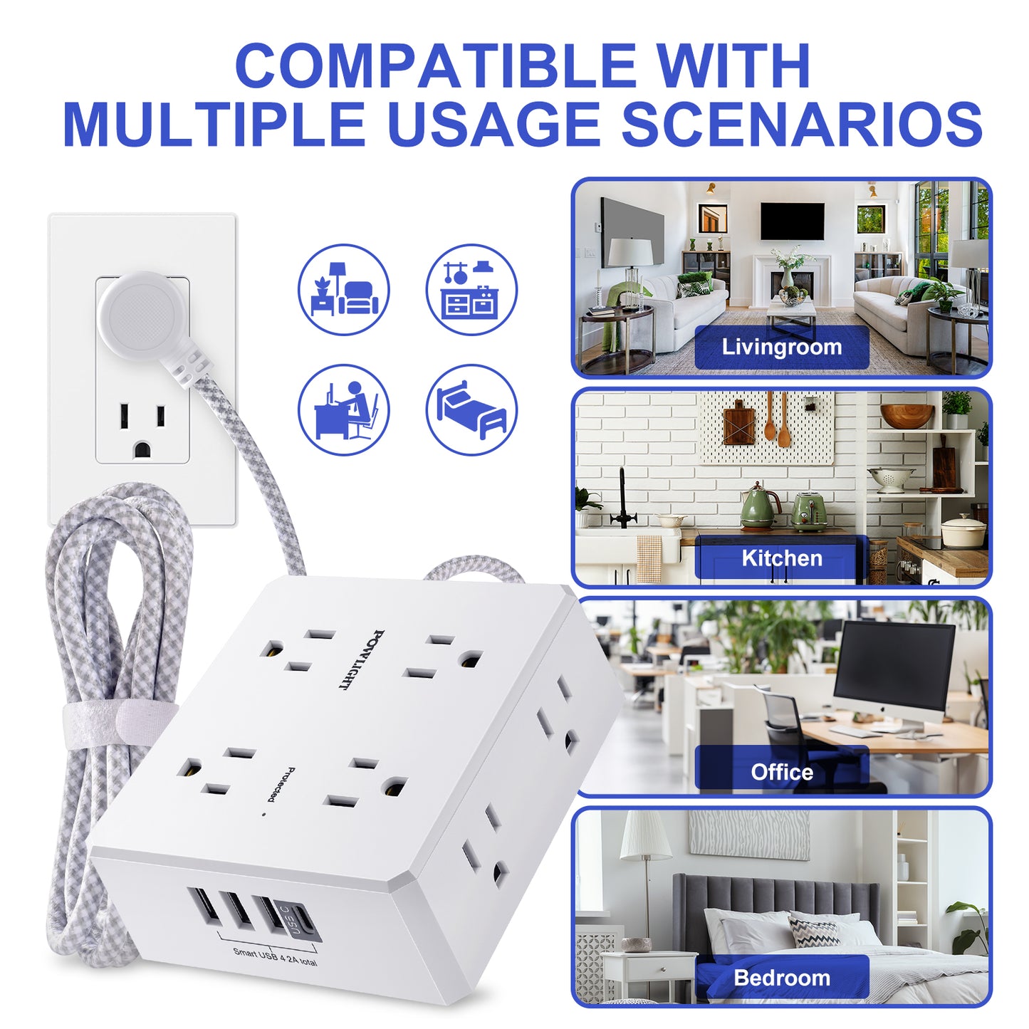 3-Sided Surge Protector Power Strip – 8 Wide Outlets, 4 USB (1 USB-C), 5FT Braided Extension Cord, 900 Joules, for Home & Office