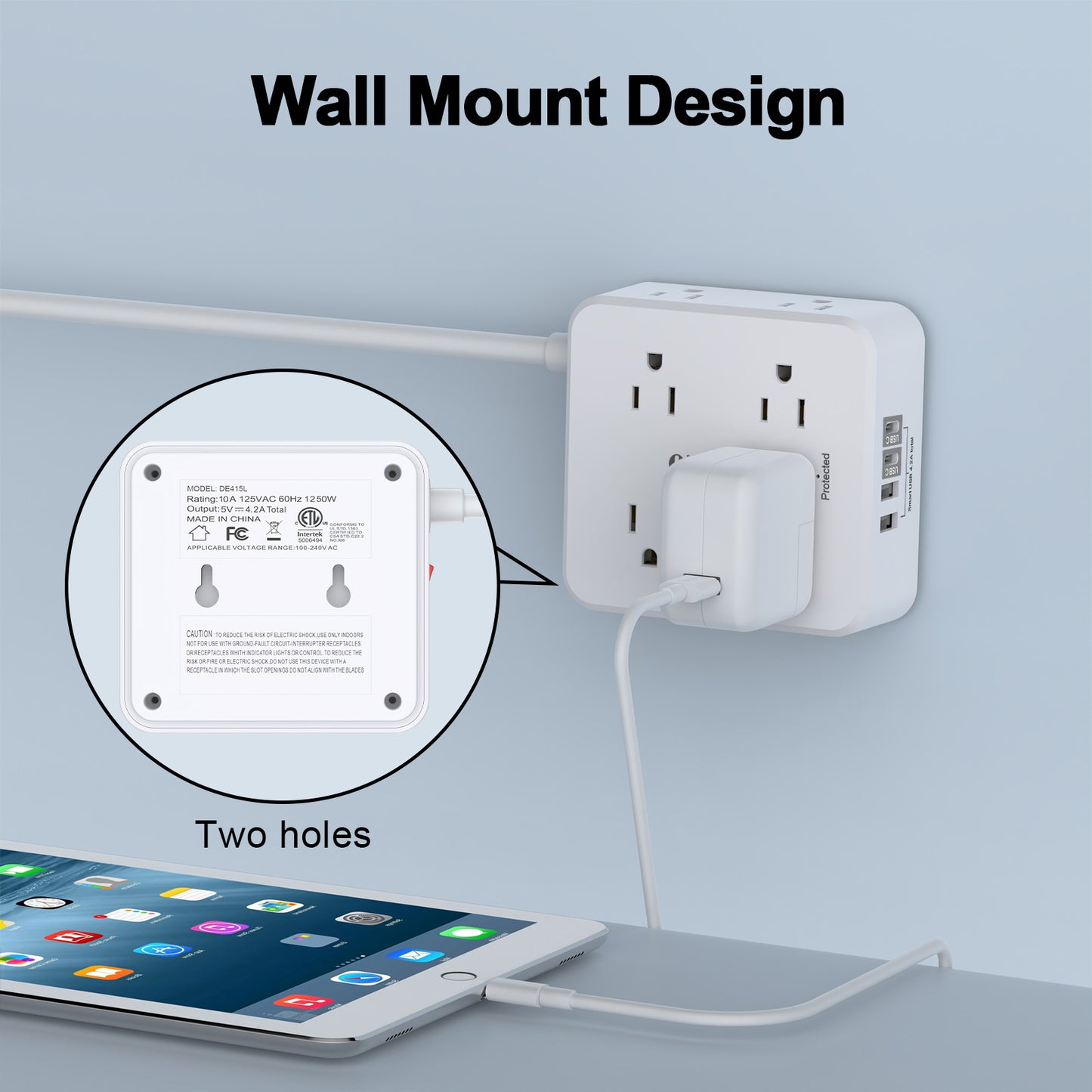10Ft Surge Protector Power Strip - 8 AC Outlets & 4 USB Ports (2 USB C), 3-Sided Flat Plug Power Strip, ETL Certified, White