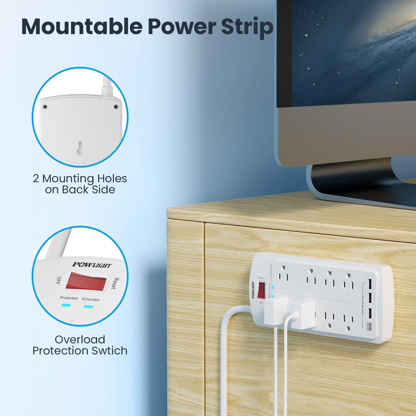 Surge Protector with USB, 8 Widely Spaced Outlets and 4 USB Ports (USB-C), 6FT Cord, 2700J, for Home Office Electronics, ETL