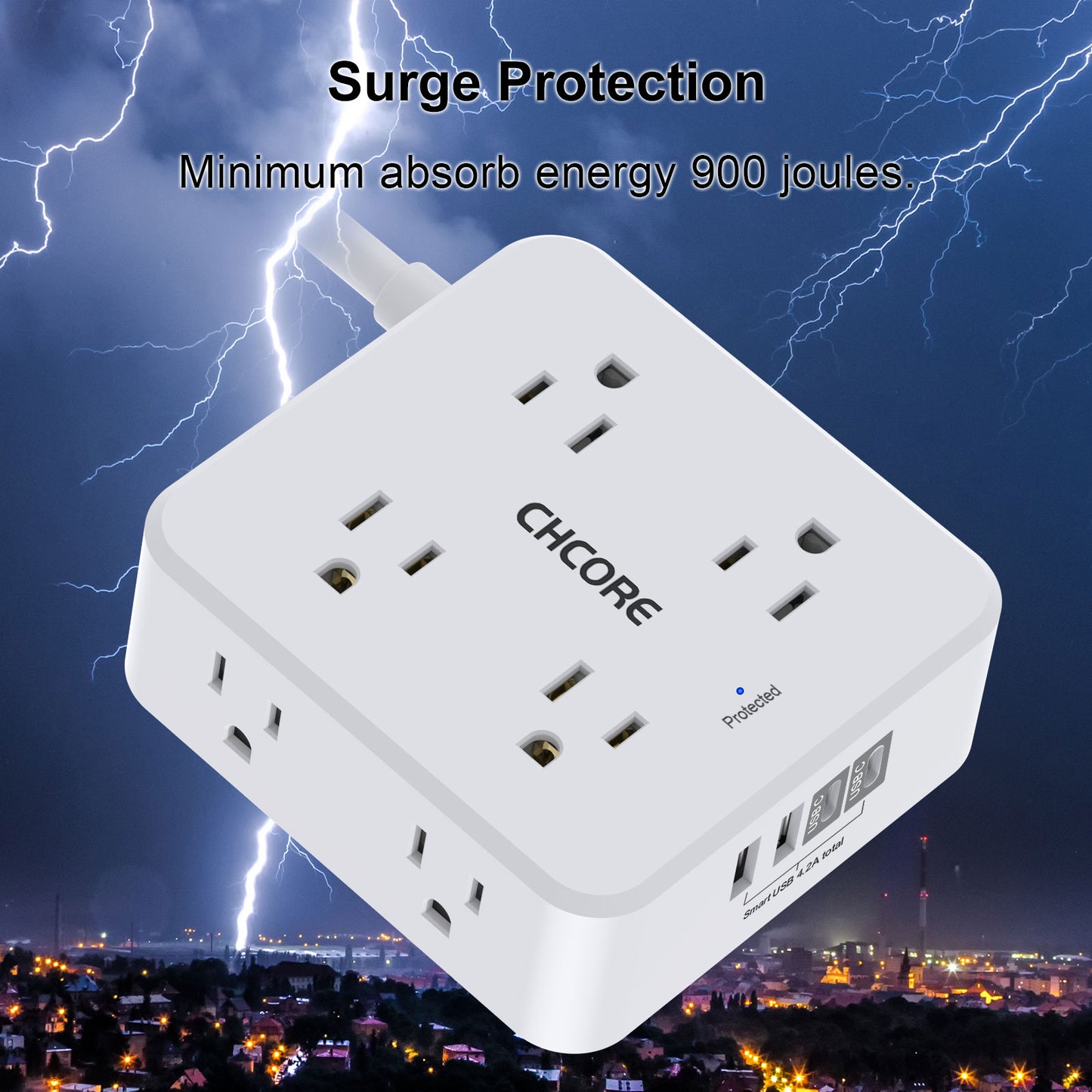 10Ft Surge Protector Power Strip - 8 AC Outlets & 4 USB Ports (2 USB C), 3-Sided Flat Plug Power Strip, ETL Certified, White