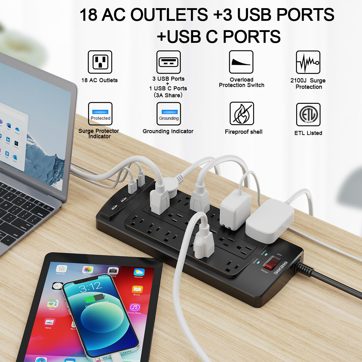Surge Protector Power Strip(2100J) - 18 Outlets and 4 USB Ports (1875W/15A), 6ft Power Cord for Home, Office, Dormitory, Black