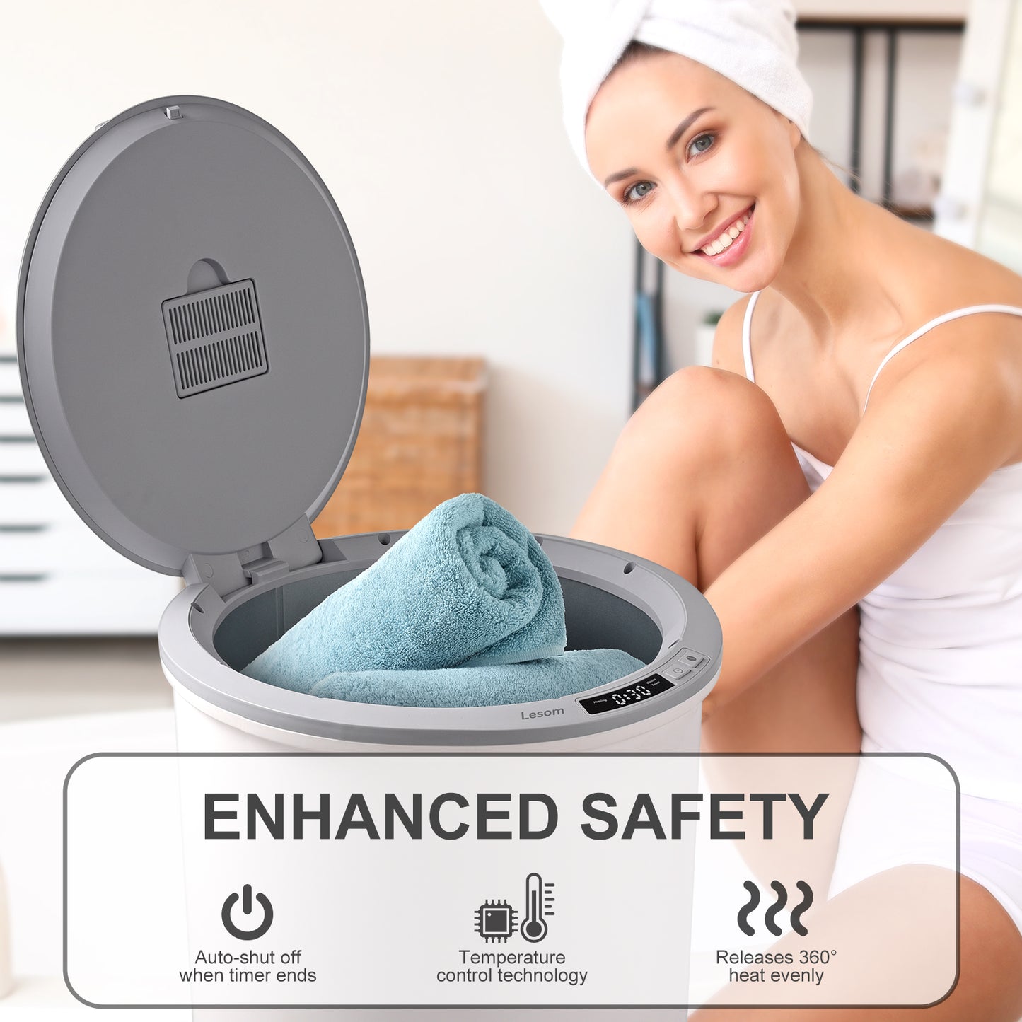 Large Towel Warmer Bucket with Flip Lid, One-Touch LED Display, and Child Safety Lock, Fast Heating Towel Heater for Bathroom, Spa, and Home Use