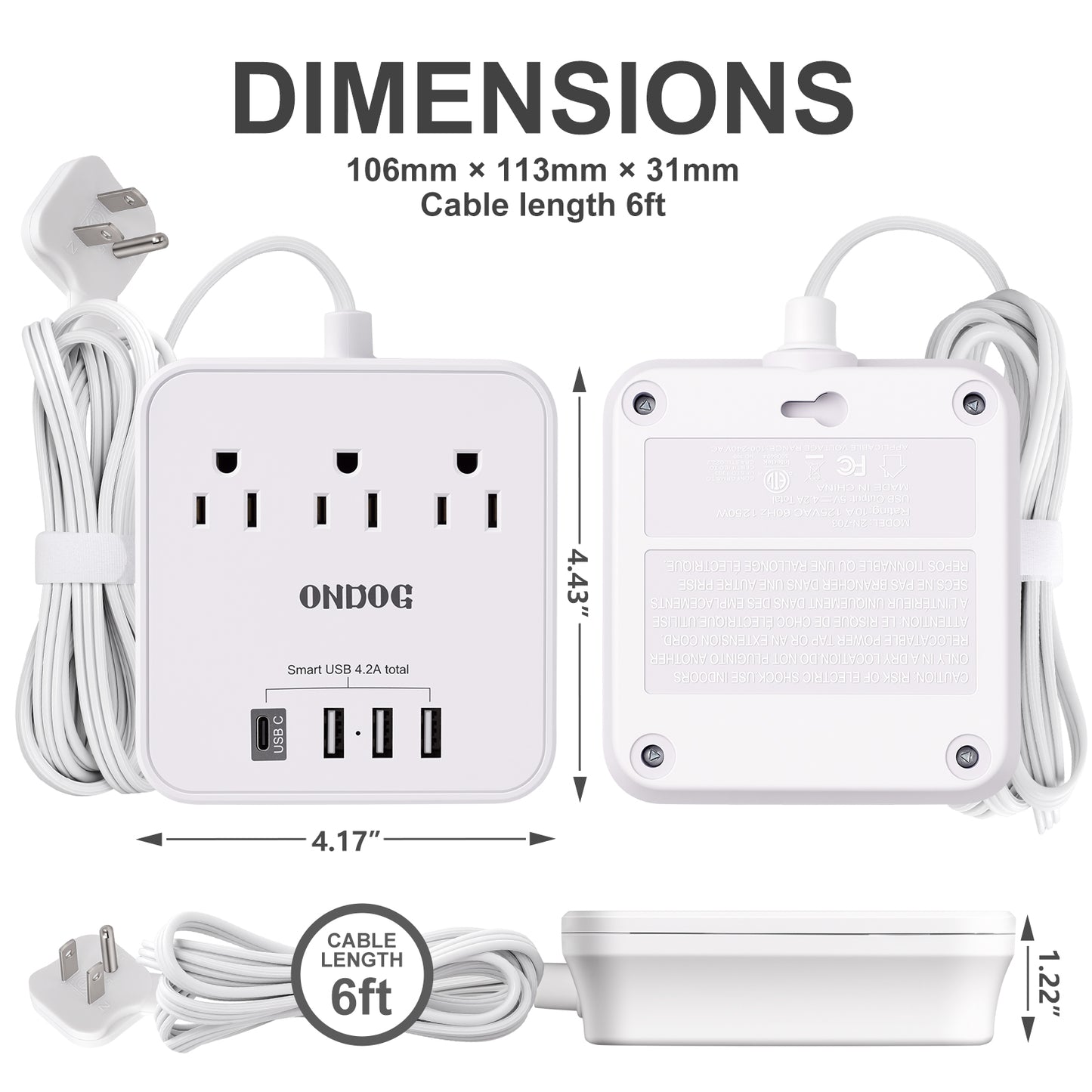 Power Strip with 3 AC Outlets & 4 USB Ports (1 USB-C), No Surge Protection 5 Ft Extension Cord, Suitable for Office, Home and Cruise, White