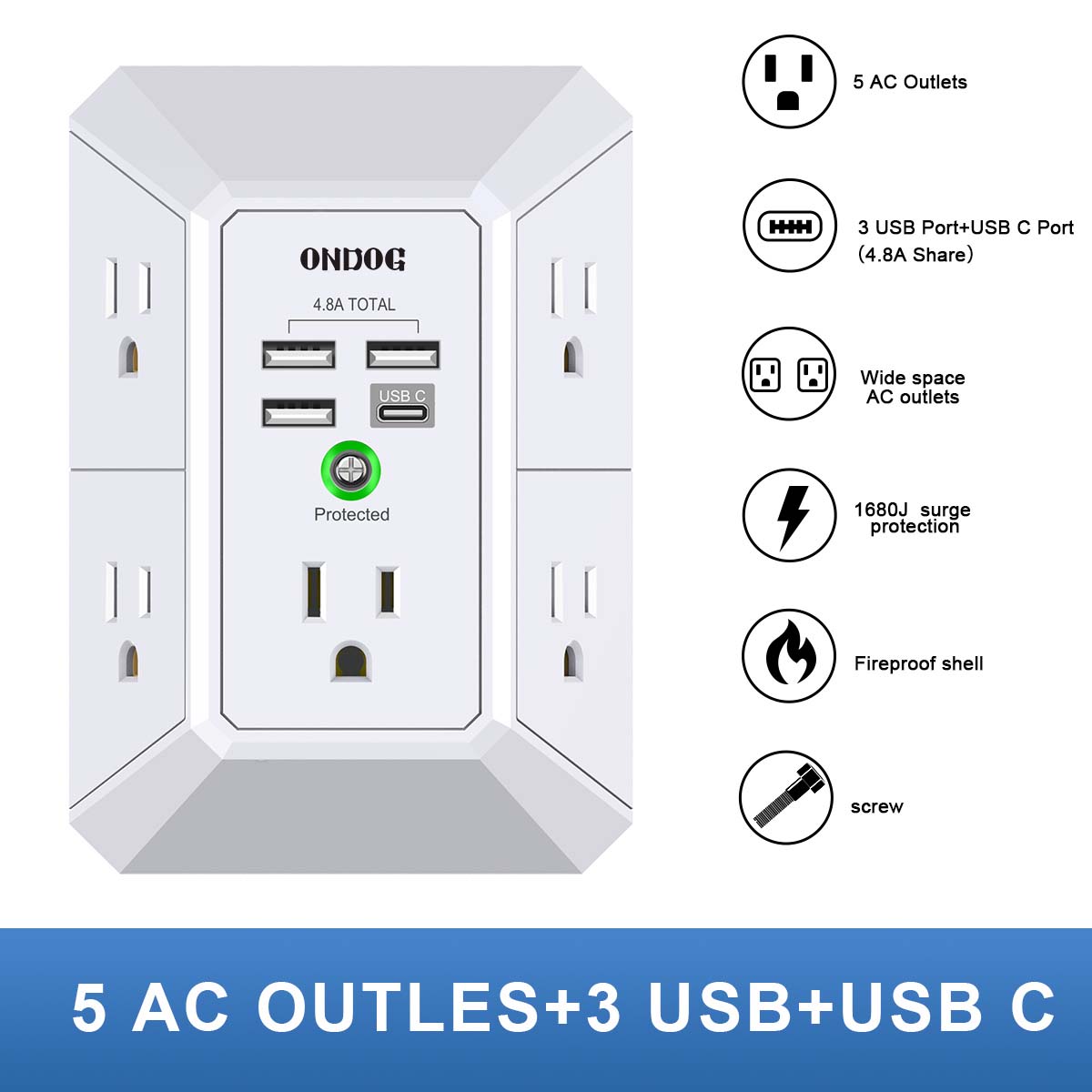 ONDOG Surge Protector, 5 Outlets Extender with 4 USB PortsUSB C, 3-Side 1800J
