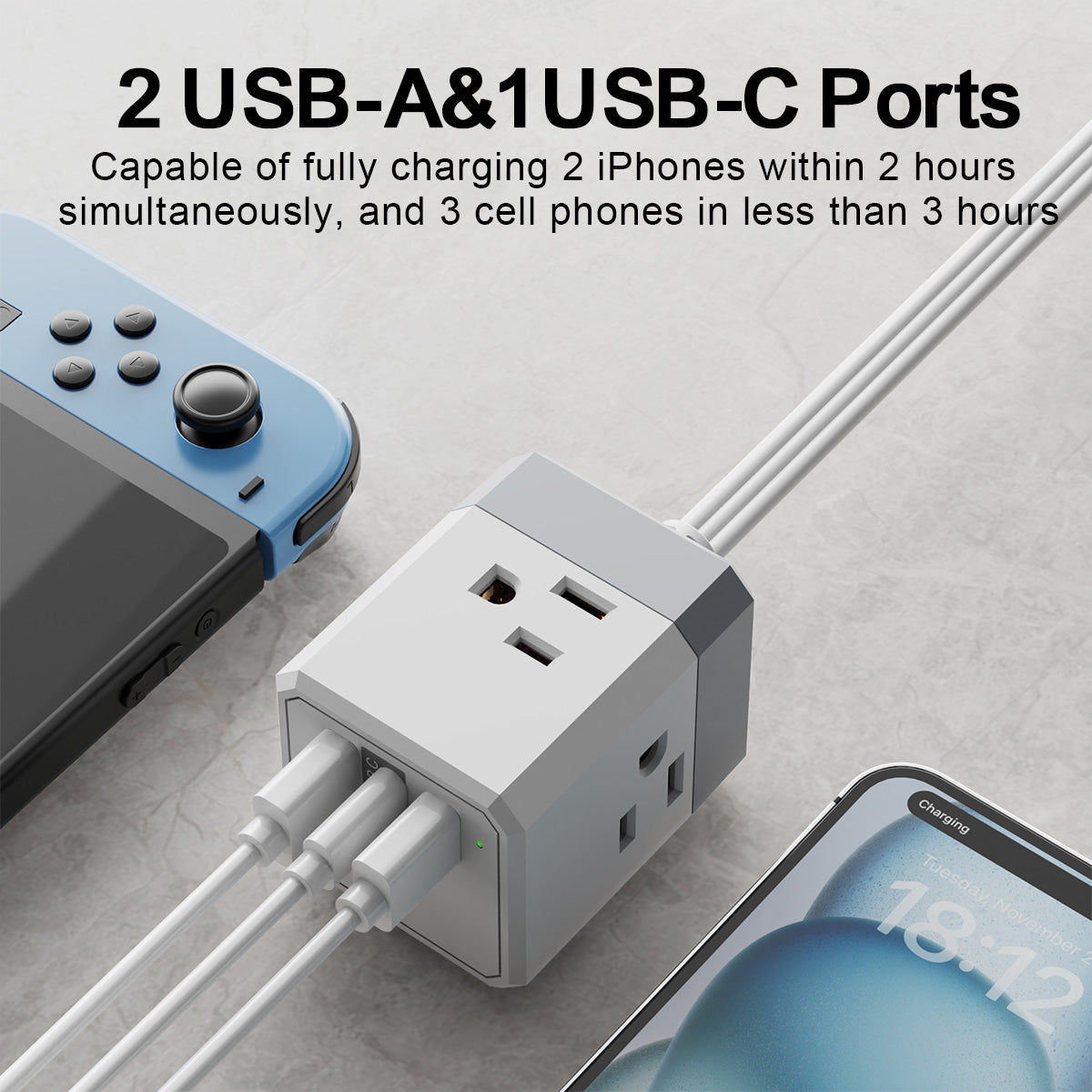 ONDOG 3-Side Outlet Adapter - 3 USB (1 USB C) Outlets for Wall Charger, 5FT Outlet Extender for Home, Office and Cruise Ship Essentials, ETL