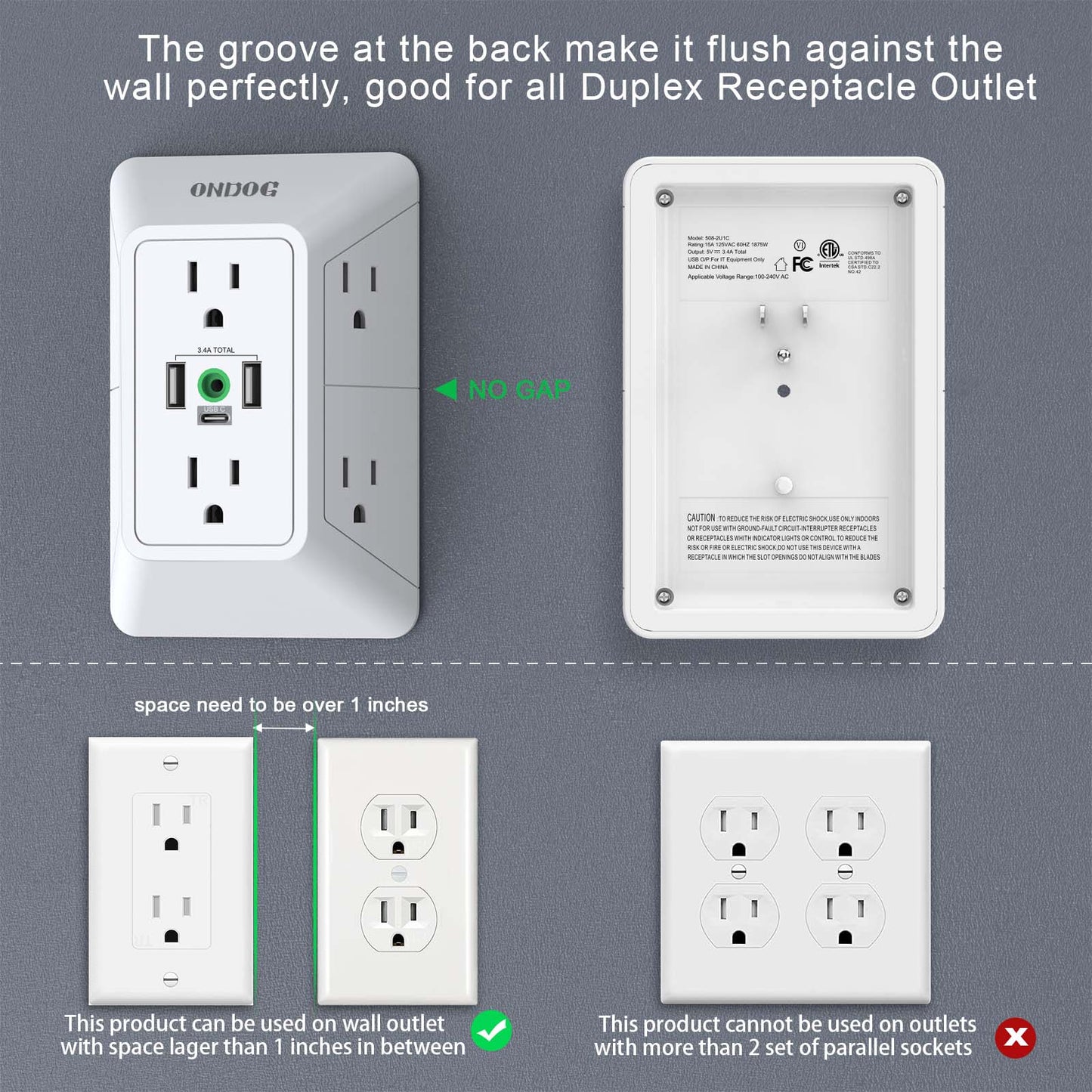 Multi Plug Wall Outlet - 6 AC sockets and 3 USB ports (1 USB C), 3-side Surge Protector Outlets, ETL certified, White