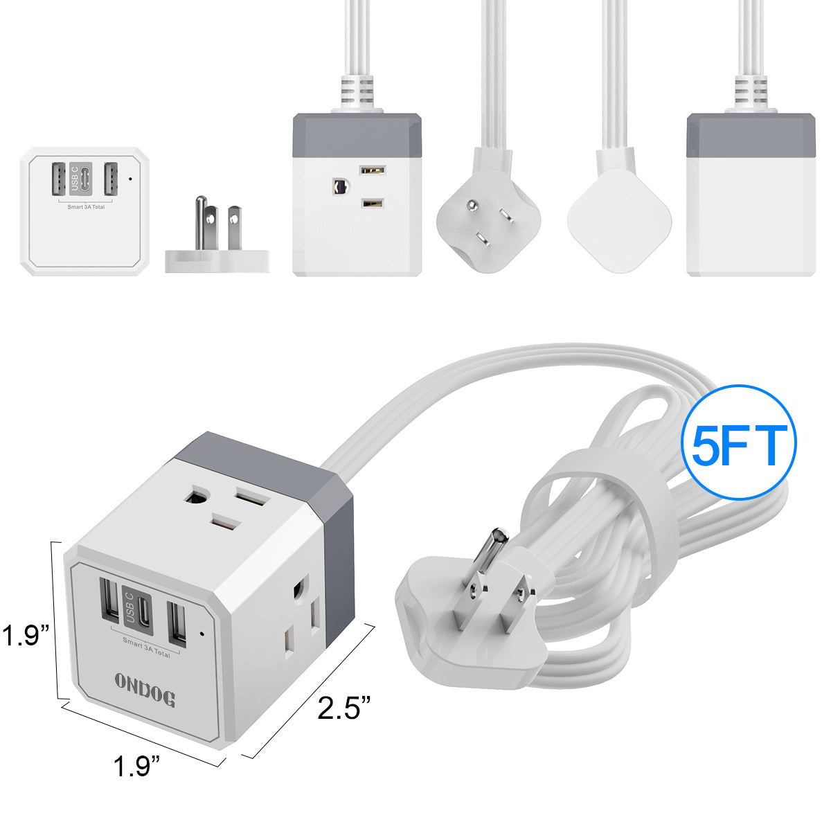 ONDOG 3-Side Outlet Adapter - 3 USB (1 USB C) Outlets for Wall Charger, 5FT Outlet Extender for Home, Office and Cruise Ship Essentials, ETL