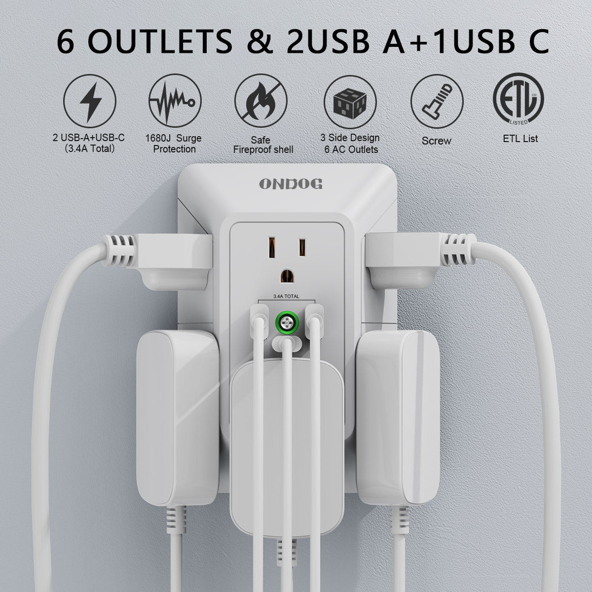 Multi Plug Wall Outlet - 6 AC sockets and 3 USB ports (1 USB C), 3-side Surge Protector Outlets, ETL certified, White