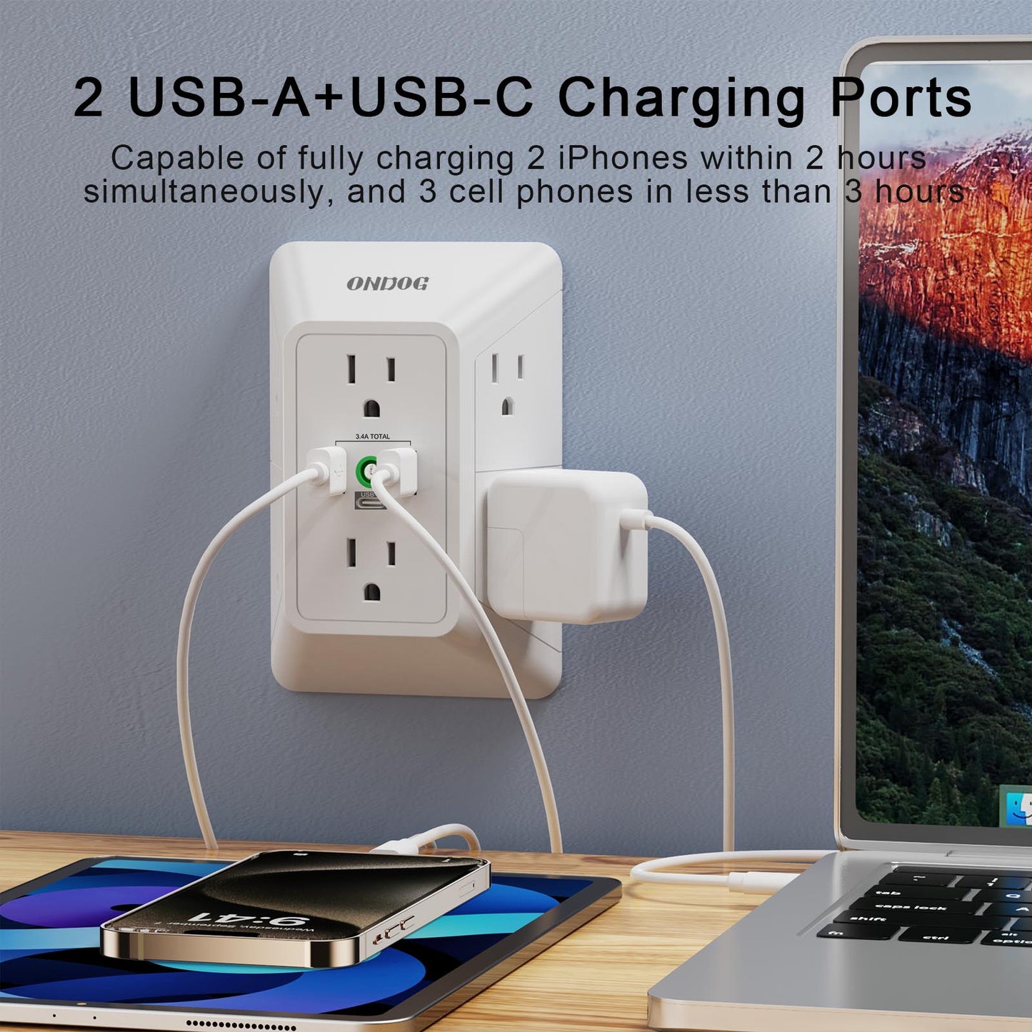 Multi Plug Wall Outlet - 6 AC sockets and 3 USB ports (1 USB C), 3-side Surge Protector Outlets, ETL certified, White