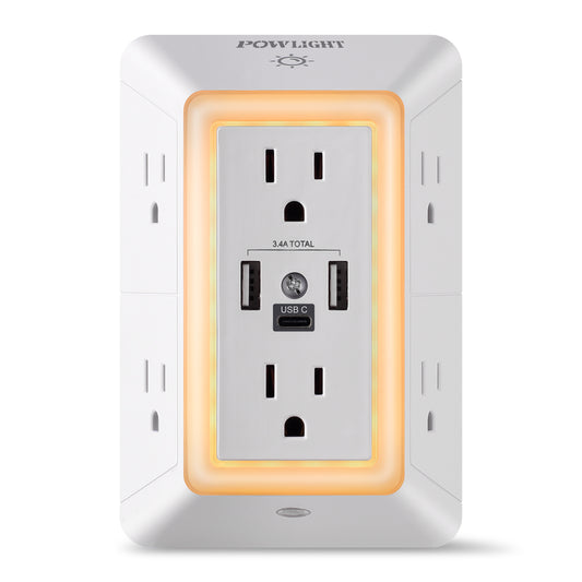 3-Sided Power Strip Outlet Extender - 6 AC Outlets, 3 USB Ports (1 USB-C) and Touch Night Light, Surge Protector for Home, Office, Dorm, White