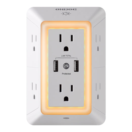 ONDOG 3 Sided Outlet Extender 6 Outlets with 2 USB Ports, Multi Plug Outlet Splitter for Home, Office