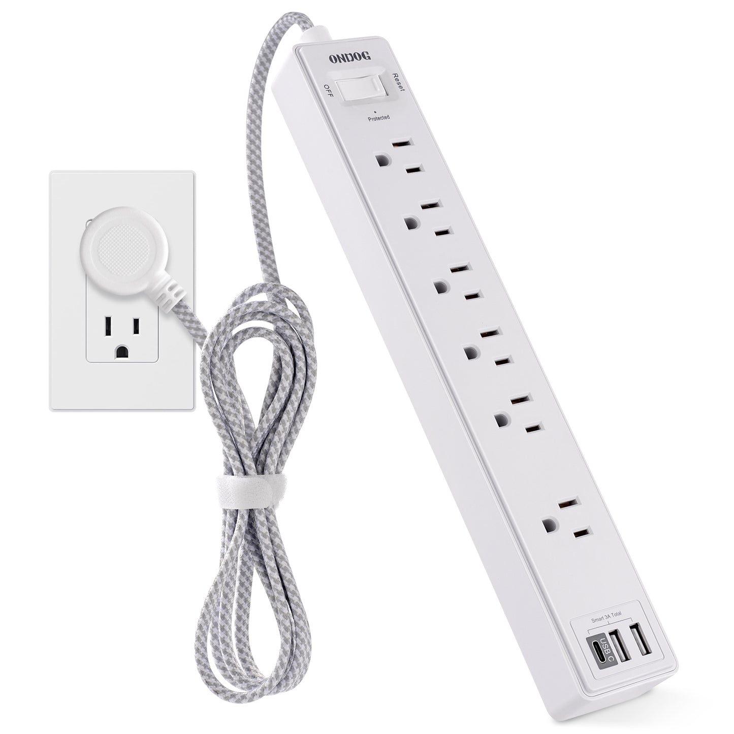 Surge Protector Power Strip - 6 Outlets and 3 USB Charging Ports (1 USB-C), 6 Ft Braided Extension Cord for Home, Office, White