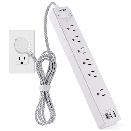 Surge Protector Power Strip - 6 Outlets and 3 USB Charging Ports (1 USB-C), 6 Ft Braided Extension Cord for Home, Office, White