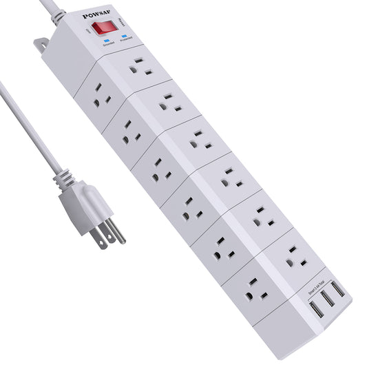 Power Strip (3-Sided) with 6 Ft Cord, POWSAF Surge Protector with 18 Outlets and 3 USB Ports, 6 Feet Heavy Duty Extension Cord (1875W/15A), ETL Listed, White