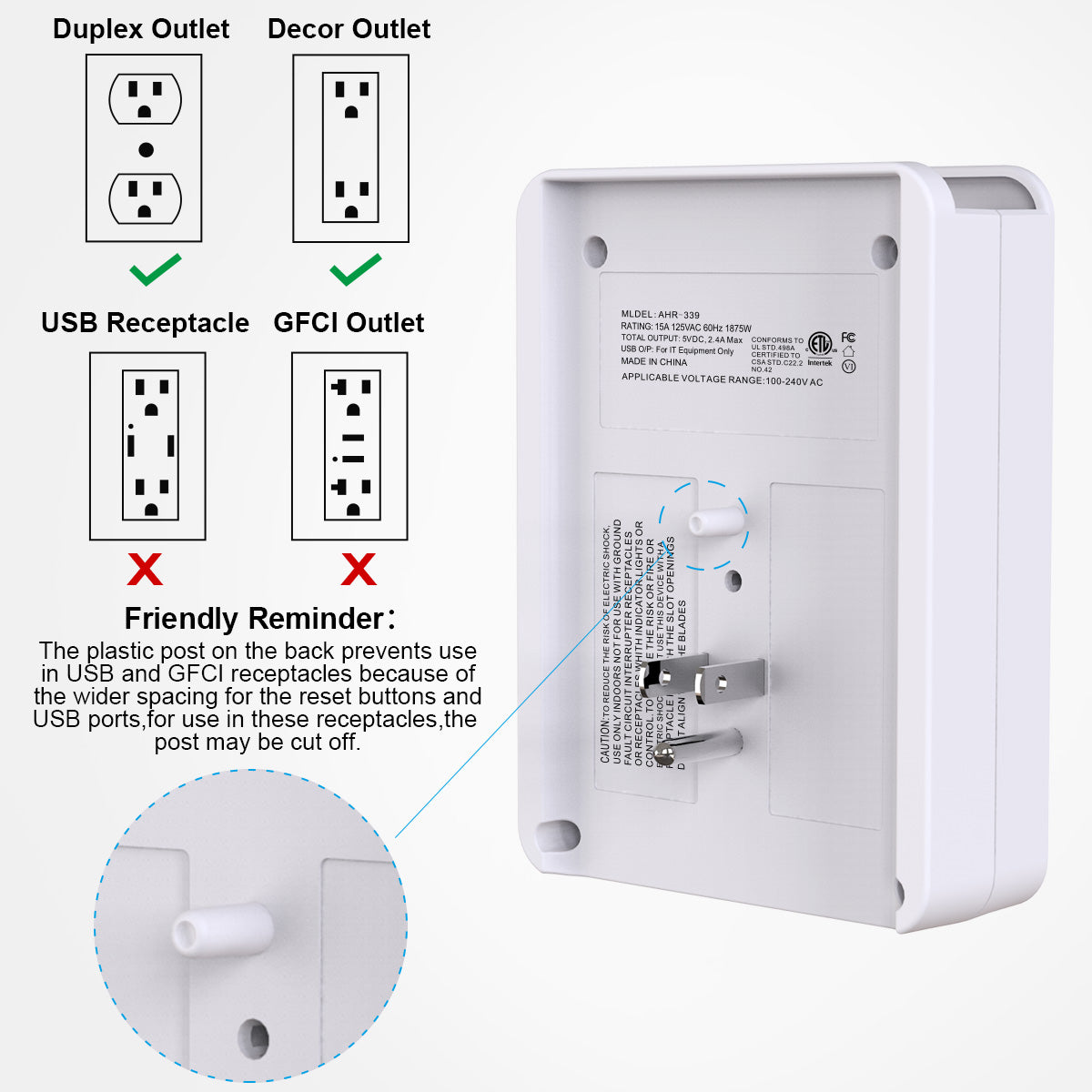 ONDOG Multi Plug Outlet, Surge Protector, Outlet Splitter with 6 Outlet Extender and 3 USB Ports (White)