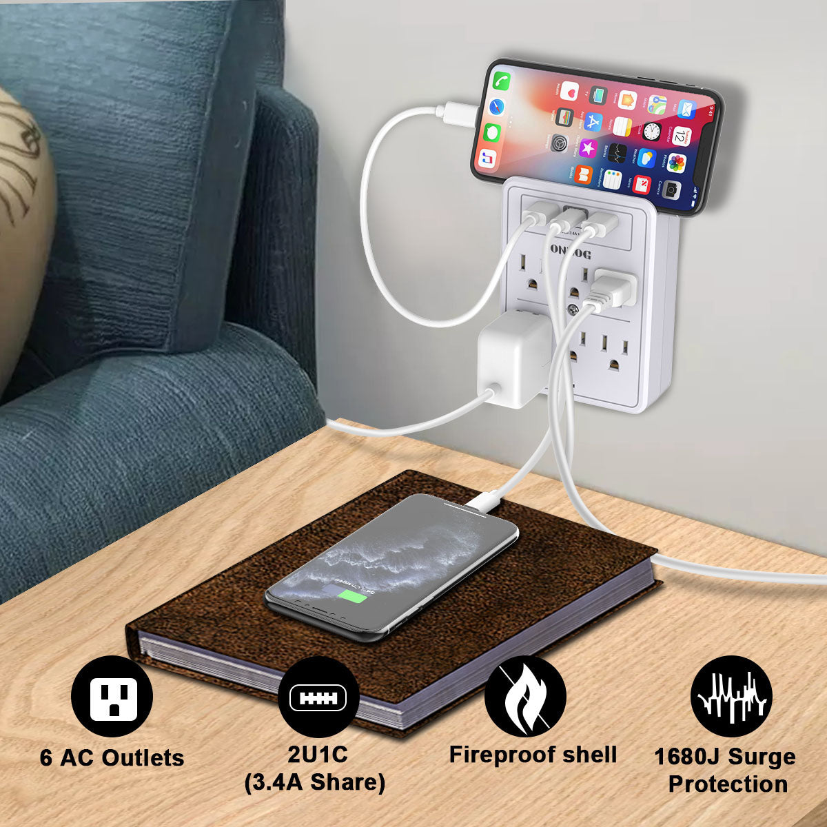 ONDOG Multi Plug Outlet, Surge Protector, Outlet Splitter with 6 Outlet Extender and 3 USB Ports (White)