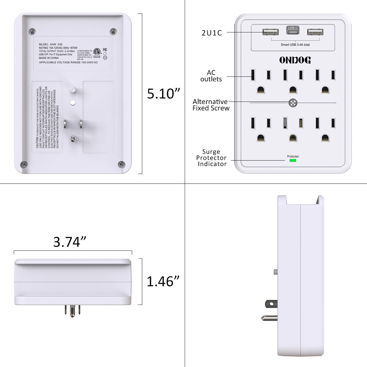 ONDOG Multi Plug Outlet, Surge Protector, Outlet Splitter with 6 Outlet Extender and 3 USB Ports (White)