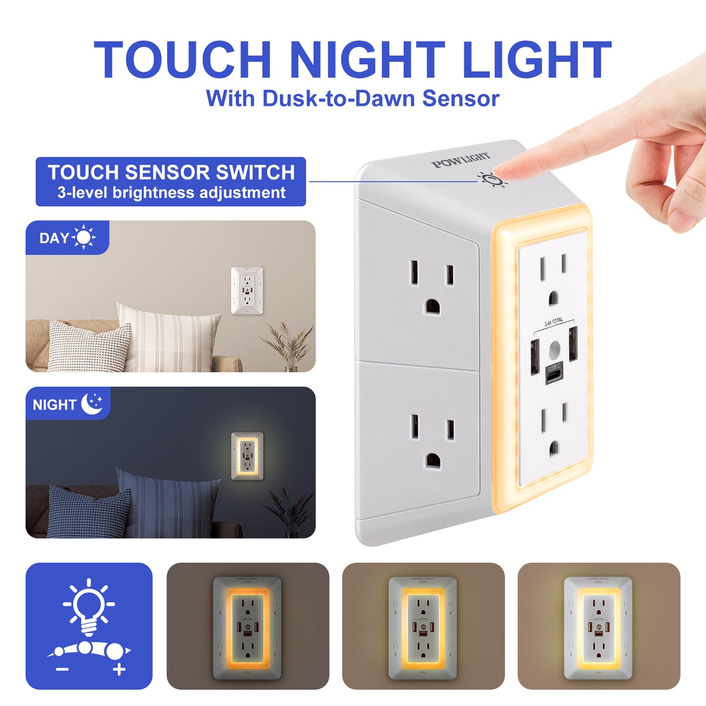 3-Sided Power Strip Outlet Extender - 6 AC Outlets, 3 USB Ports (1 USB-C) and Touch Night Light, Surge Protector for Home, Office, Dorm, White