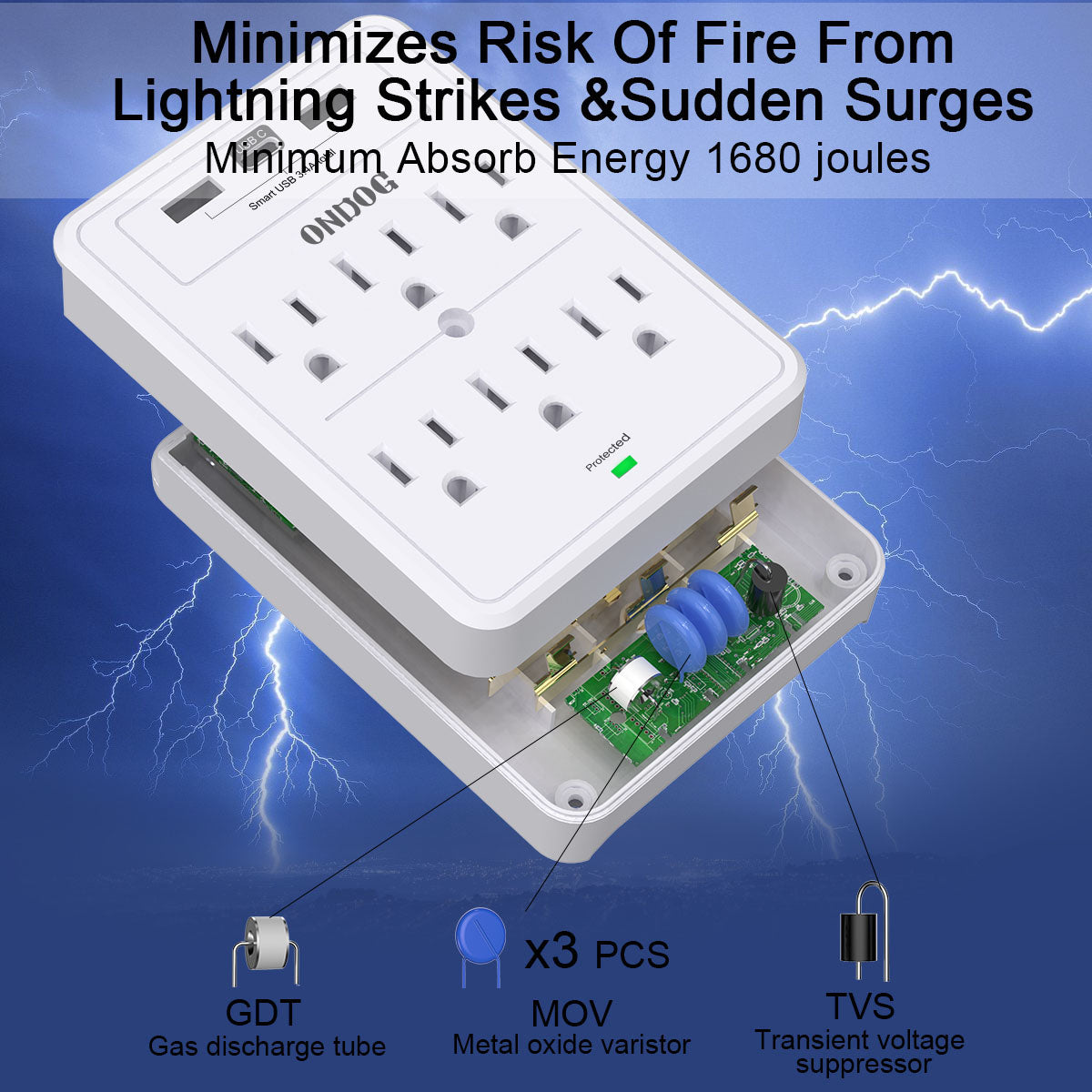 ONDOG Multi Plug Outlet, Surge Protector, Outlet Splitter with 6 Outlet Extender and 3 USB Ports (White)