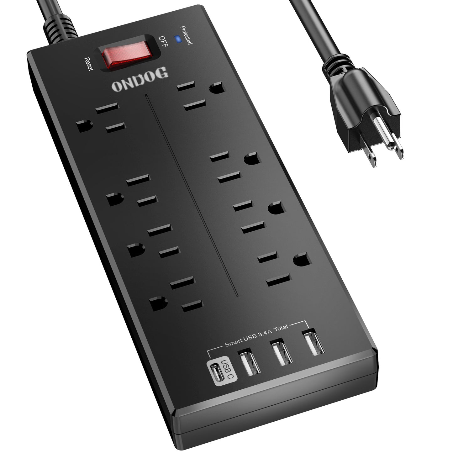 Surge Protector - 8 AC Outlets and 4 USB Ports (1 USB-C), 6 FT Extension Cord Power Strip, Black