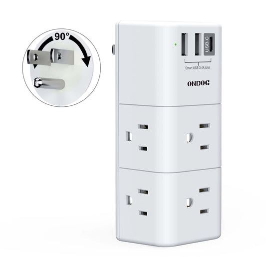 ONDOG USB Wall Outlet Expander Surge Protector, Multi Plug Outlet, Outlet Splitter with 3 USB(2U+1C), 6 Outlet Extender with Rotating Plug, 900 Joules.