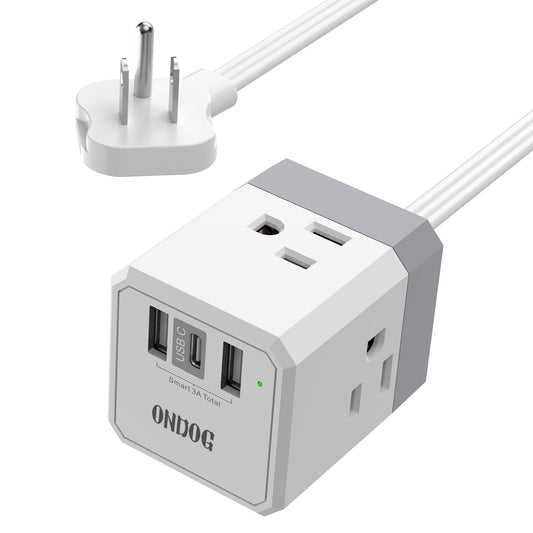 ONDOG 3-Side Outlet Adapter - 3 USB (1 USB C) Outlets for Wall Charger, 5FT Outlet Extender for Home, Office and Cruise Ship Essentials, ETL