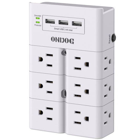 ONDOG Multi Plug Outlet, Outlet Splitter, Surge Protector Wall Mount with 12-Outlet Extender and 3 USB Ports(Smart 3.4A Total) for Home, Office, Dorm Essentials, Hotel, White, ETL Listed