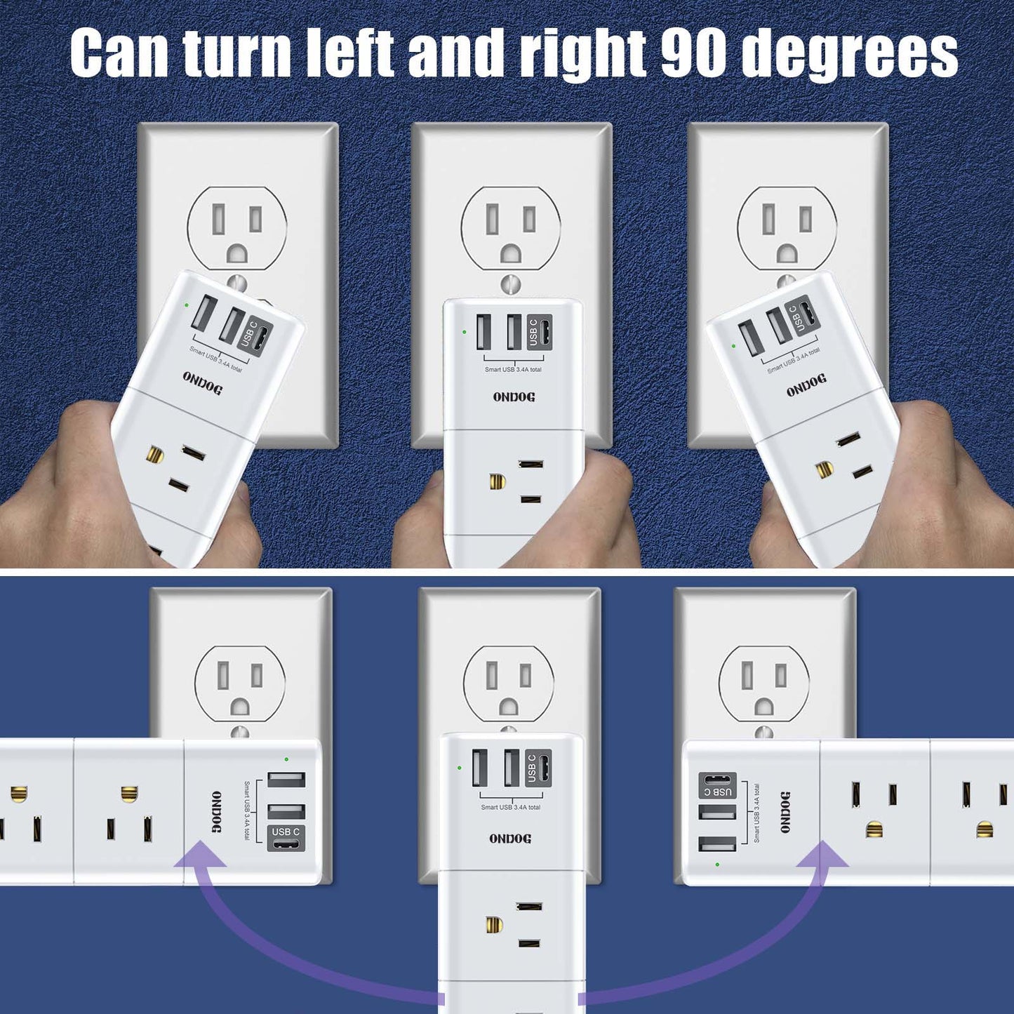 ONDOG USB Wall Outlet Expander Surge Protector, Multi Plug Outlet, Outlet Splitter with 3 USB(2U+1C), 6 Outlet Extender with Rotating Plug, 900 Joules.