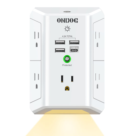 ONDOG Outlet Extender with Night Light, USB Wall Charger, 5-Outlet Surge Protector Power Strip with 4 USB Ports, 1680 Joules Multi Plug Outlet with Spaced Outlets for Home, Office, White