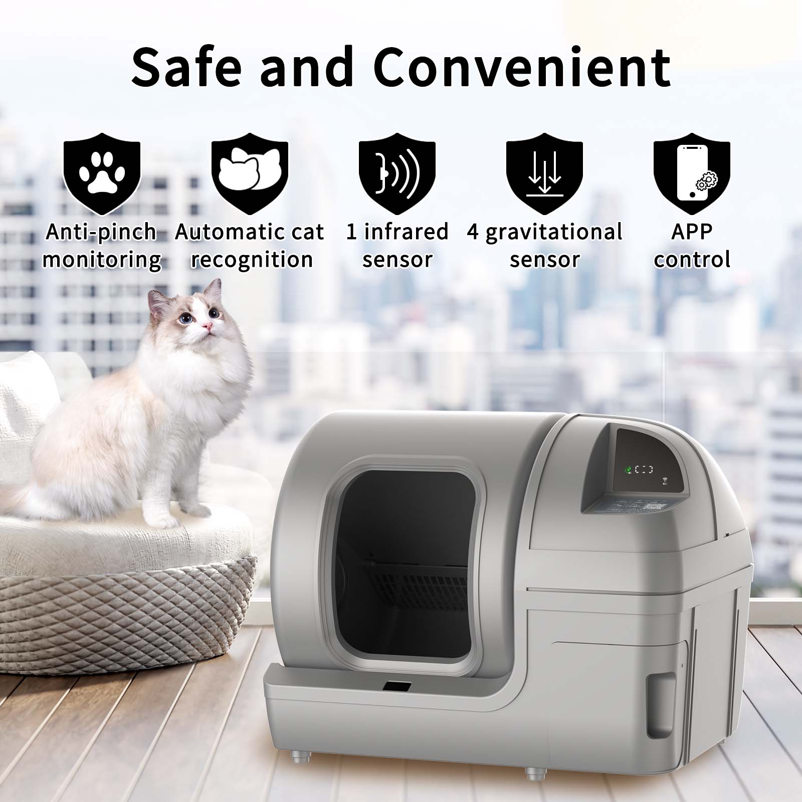 Extra Large Self Cleaning Cat Litter Box with APP Control Safe Alert Smart Health Monitor, Grey