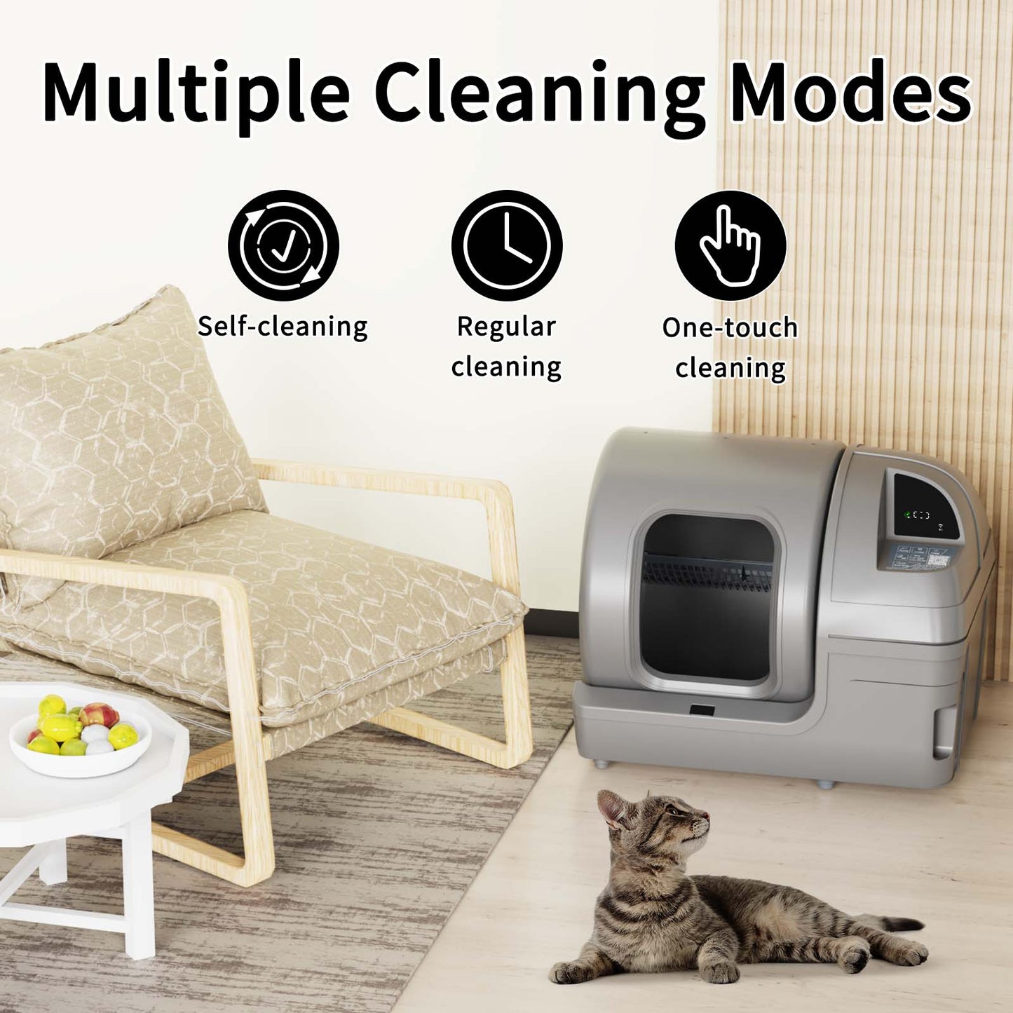 Extra Large Self Cleaning Cat Litter Box with APP Control & Safe Alert & Smart Health Monitor, Grey