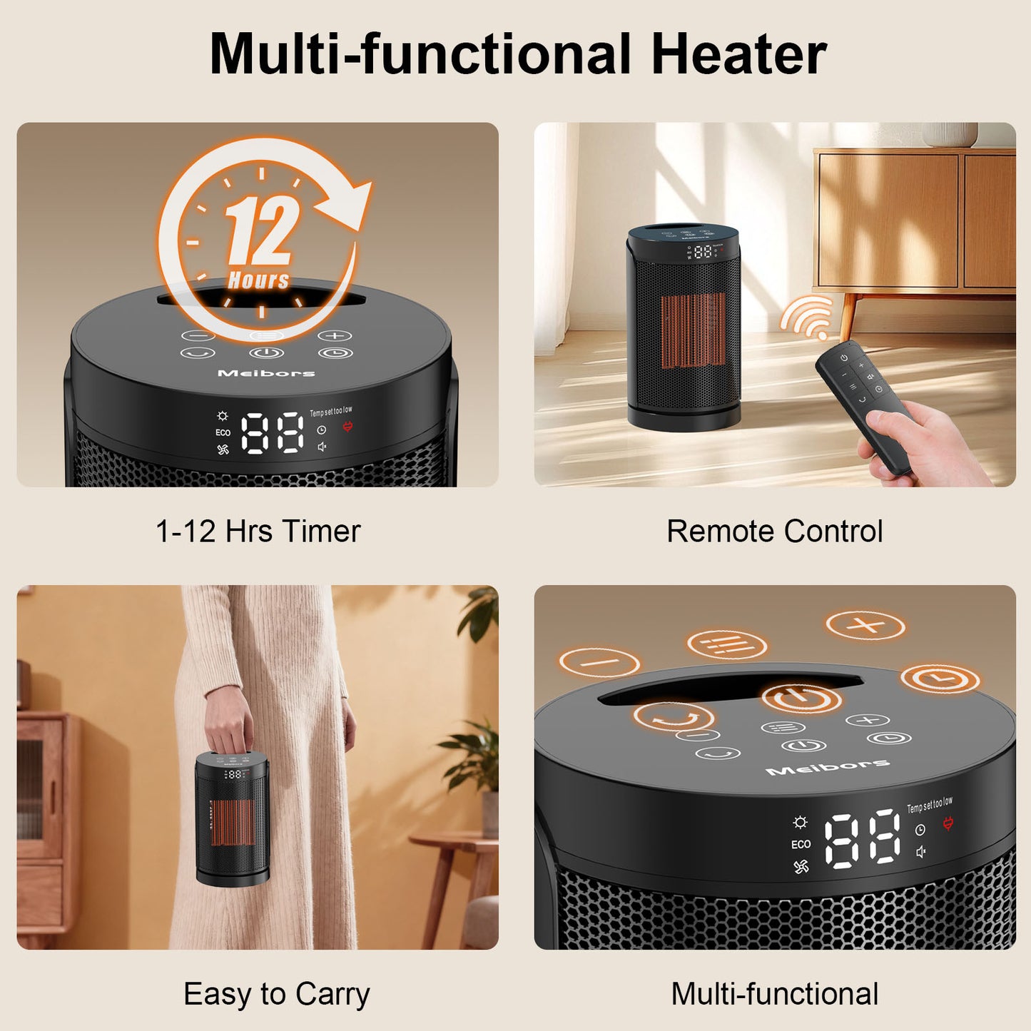 Portable Electric Heater - LED Screen and 3 Modes, ECO Temperature Control, Remote & Oscillating, Space Heater for Office, Bedroom