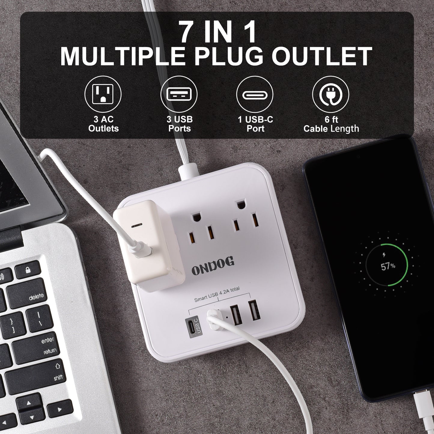 Power Strip with 3 AC Outlets & 4 USB Ports (1 USB-C), No Surge Protection 5 Ft Extension Cord, Suitable for Office, Home and Cruise, White