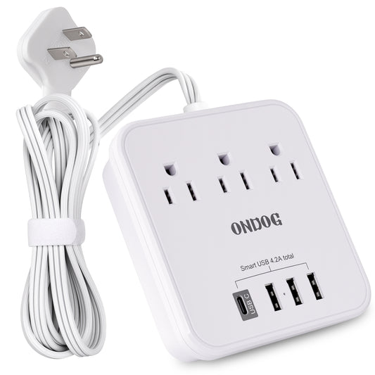 Power Strip with 3 AC Outlets & 4 USB Ports (1 USB-C), No Surge Protection 5 Ft Extension Cord, Suitable for Office, Home and Cruise, White