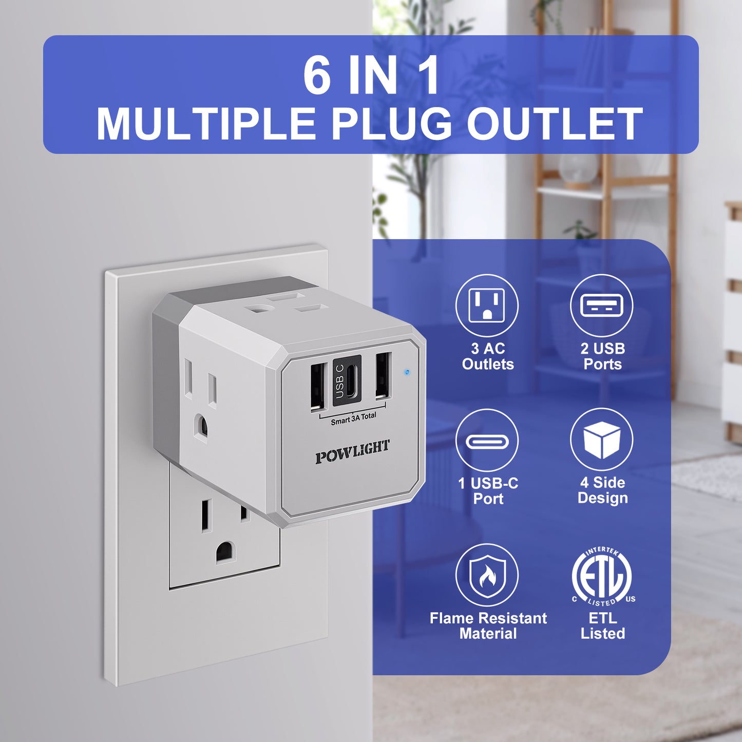 Portable Wall Outlet Extender with 3 Outlets & USB-C, Cruise Ship Approved, Perfect for Travel & Home
