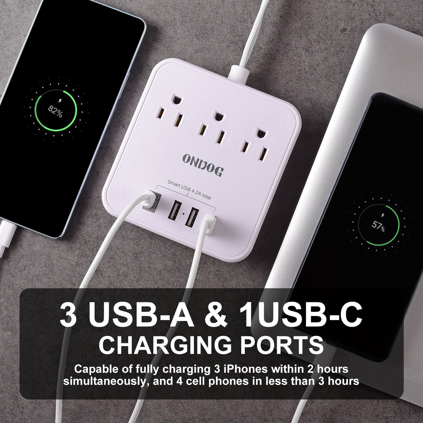 Power Strip with 3 AC Outlets & 4 USB Ports (1 USB-C), No Surge Protection 5 Ft Extension Cord, Suitable for Office, Home and Cruise, White