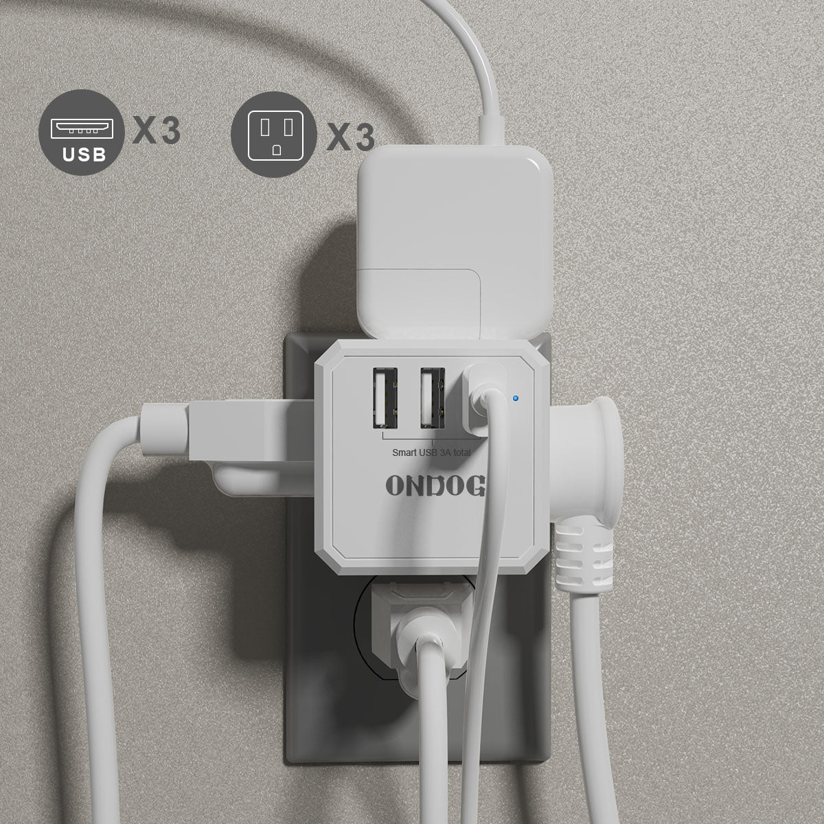 3-Outlet USB Wall Plug Adapter - 3 USB Ports, Splitter for Home, Office, and Cruise Use Essential, ETL Listed
