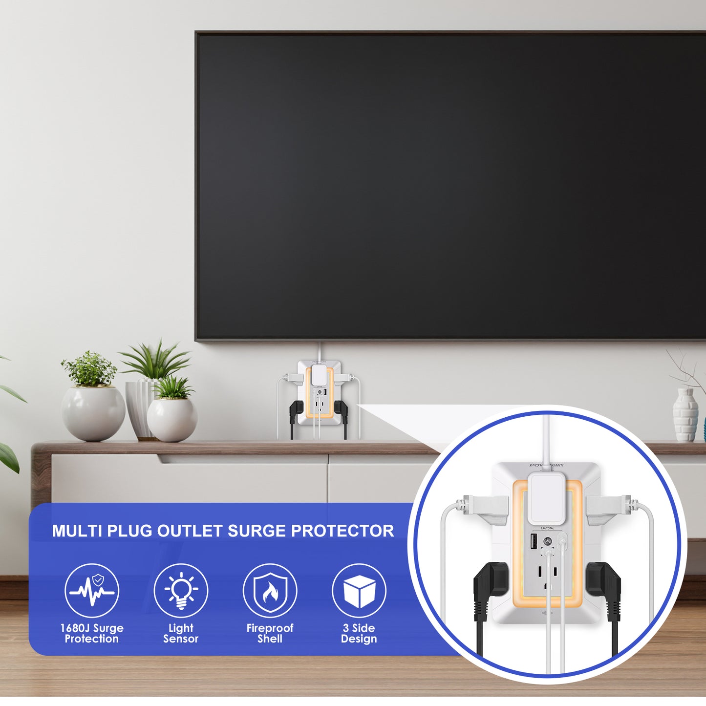 3-Sided Power Strip Outlet Extender - 6 AC Outlets, 3 USB Ports (1 USB-C) and Touch Night Light, Surge Protector for Home, Office, Dorm, White