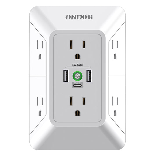 Multi Plug Wall Outlet - 6 AC sockets and 3 USB ports (1 USB C), 3-side Surge Protector Outlets, ETL certified, White