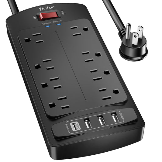 Surge Protector Power Strip, ONDOG 6Ft Extension Cord with 8 Outlets and 3USB Ports & 1USB C Port, 2700 Joules, ETL Listed, Black