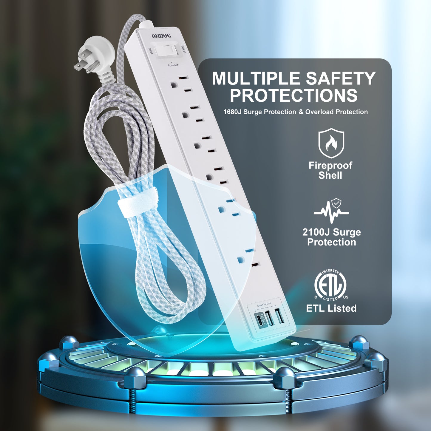 Surge Protector Power Strip - 6 Outlets and 3 USB Charging Ports (1 USB-C), 6 Ft Braided Extension Cord for Home, Office, White