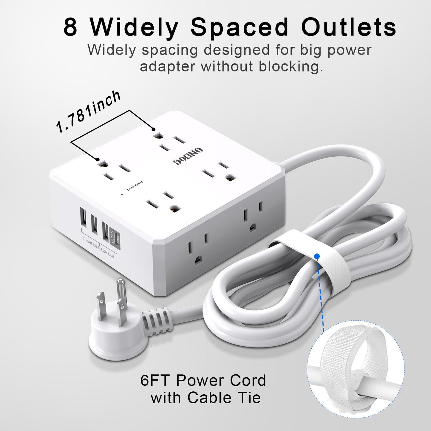 6 Ft Extension Cord Power Strip, ONDOG 3 Side 8 Widely Surge Protector Outlets with 4 USB Ports,Flat Plug,Wall Mount,ETL,White