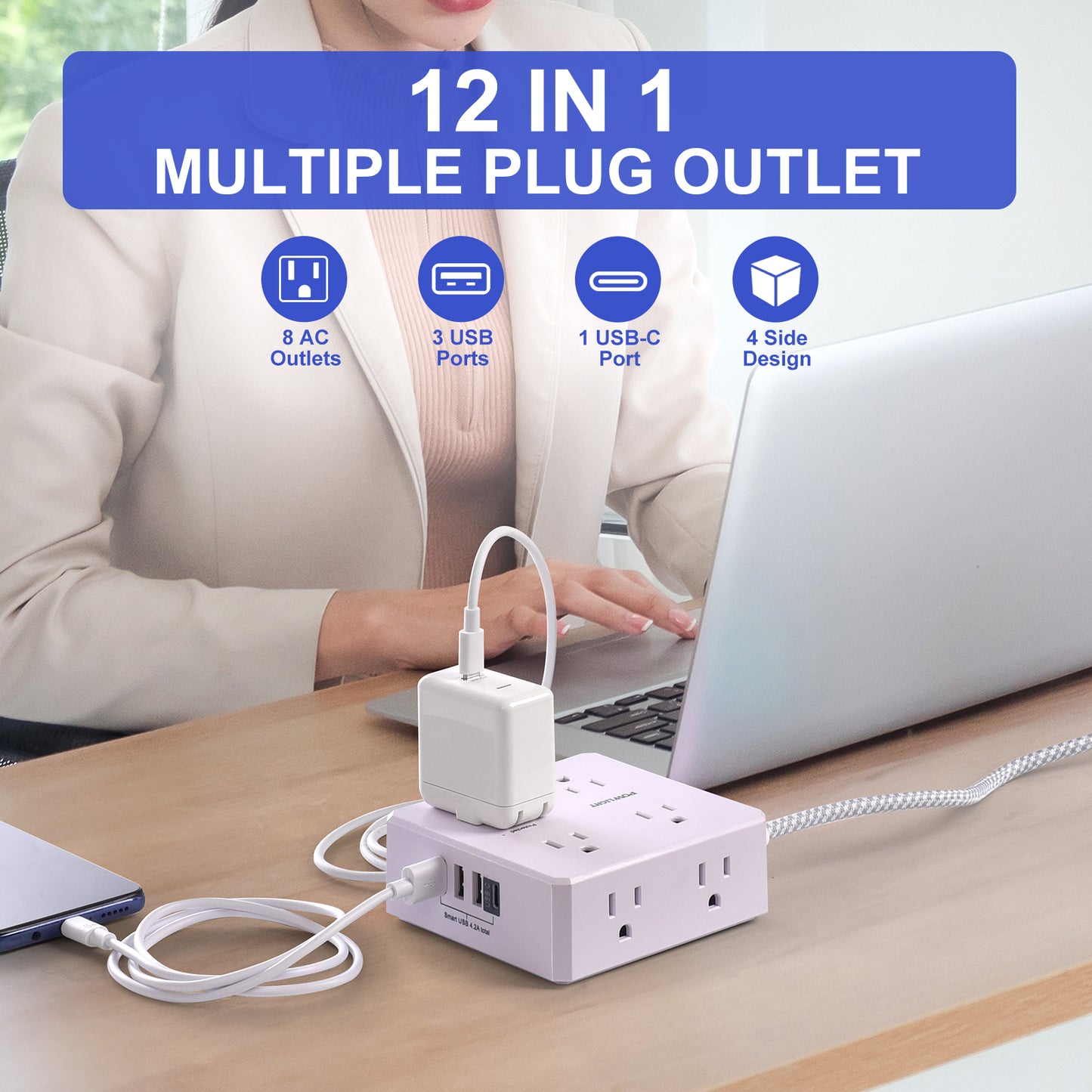 3-Sided Surge Protector Power Strip – 8 Wide Outlets, 4 USB (1 USB-C), 5FT Braided Extension Cord, 900 Joules, for Home & Office